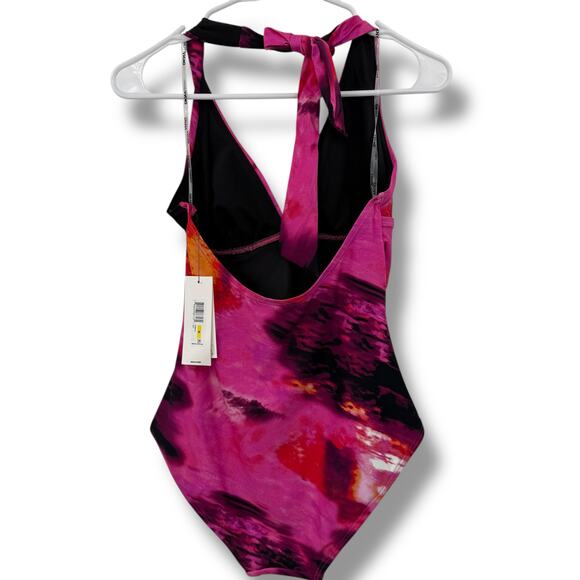 NEW DKNY Pink and Black One Piece Swimsuit Size Small Halter Tie Plunge NWT - Picture 5 of 9